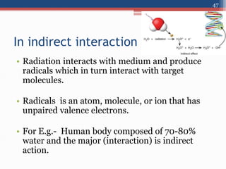 In indirect interaction
• Radiation interacts with medium and produce
radicals which in turn interact with target
molecules.
• Radicals is an atom, molecule, or ion that has
unpaired valence electrons.
• For E.g.- Human body composed of 70-80%
water and the major (interaction) is indirect
action.
47
 