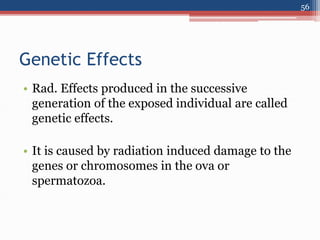 Genetic Effects
• Rad. Effects produced in the successive
generation of the exposed individual are called
genetic effects.
• It is caused by radiation induced damage to the
genes or chromosomes in the ova or
spermatozoa.
56
 