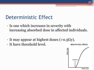 Deterministic Effect
• Is one which increases in severity with
increasing absorbed dose in affected individuals.
• It may appear at highest doses (>0.5Gy).
• It have threshold level.
58
 