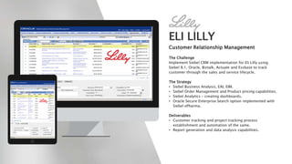 Customer Relationship Management
The Challenge
Implement Siebel CRM implementation for Eli Lilly using
Siebel 8.1, Oracle, Biztalk, Actuate and Essbase to track
customer through the sales and service lifecycle.
The Strategy
• Siebel Business Analysis, EAI, EIM.
• Siebel Order Management and Product pricing capabilities.
• Siebel Analytics – creating dashboards.
• Oracle Secure Enterprise Search option implemented with
Siebel ePharma.
Deliverables
• Customer tracking and project tracking process
establishment and automation of the same.
• Report generation and data analysis capabilities.
ELI LILLY
 