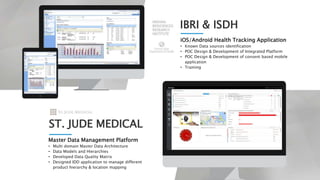 IBRI & ISDH
ST. JUDE MEDICAL
iOS/Android Health Tracking Application
• Known Data sources identification
• POC Design & Development of Integrated Platform
• POC Design & Development of consent based mobile
application
• Training
Master Data Management Platform
• Multi domain Master Data Architecture
• Data Models and Hierarchies
• Developed Data Quality Matrix
• Designed IDD application to manage different
product hierarchy & location mapping
 
