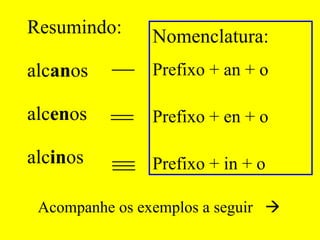 Resumindo: alc an os  alc en os alc in os  Nomenclatura: Prefixo + an + o Prefixo + en + o Prefixo + in + o Acompanhe os exemplos a seguir   