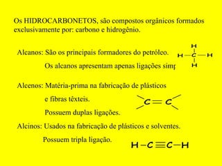Os HIDROCARBONETOS, são compostos orgânicos formados exclusivamente por: carbono e hidrogênio. Alcanos: São os principais formadores do petróleo.   Os alcanos apresentam apenas ligações simples. Alcenos: Matéria-prima na fabricação de plásticos e fibras têxteis.   Possuem duplas ligações. Alcinos: Usados na fabricação de plásticos e solventes. Possuem tripla ligação. 