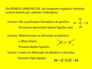 Os HIDROCARBONETOS, são compostos orgânicos formados exclusivamente por: carbono e hidrogênio. Alcanos: São os principais formadores do petróleo.   Os alcanos apresentam apenas ligações simples. Alcenos: Matéria-prima na fabricação de plásticos e fibras têxteis.   Possuem duplas ligações. Alcinos: Usados na fabricação de plásticos e solventes. Possuem tripla ligação. 