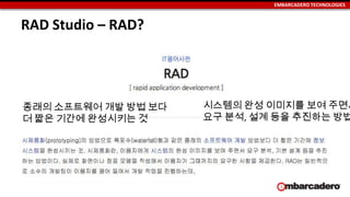 EMBARCADERO TECHNOLOGIES
RAD Studio – RAD?
종래의 소프트웨어 개발 방법 보다
더 짧은 기간에 완성시키는 것
시스템의 완성 이미지를 보여 주면서
요구 분석, 설계 등을 추진하는 방법
 