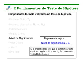 2 Fundamentos do Teste de Hipótese
Componentes formais utilizados no teste de hipótese:
• Hipótese Nula, H0
• Hipótese alternativa, H1 (ou Ha)
• Estatística teste
• Região Crítica
• Nível de Significância
• Valor Crítico
• valor-P
• Erro tipo I
Representado por α.
Nível de significância = α.
É a probabilidade de que a estatística teste
cairá na região crítica se H0 for realmente
verdadeira. (Erro tipo I)
 