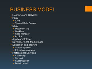 BUSINESS MODEL
 Licensing and Services
 PaaS
   AWS
   Telcos / Data Centers
 SaaS
     Document Mgt
     Workflow
     Case Manager
     BI / BA
 App Marketplace
 Developer / Job Marketplace
 Education and Training
   School Syllabus
   Education programs
 Professional Services
     Consulting
     Support
     Customization
     Development
 