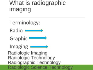 What is radiographic
imaging
Terminology:
Radio
Graphic
Imaging
Radiologic Imaging
Radiologic Technology
Radiographic Technology
Radiologic Science Technology
 