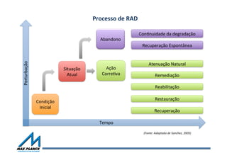 Condição	
  
Inicial	
  
Situação	
  
Atual	
  
Ação	
  
CorreOva	
  
Abandono	
  
Recuperação	
  
Restauração	
  
Reabilitação	
  
Remediação	
  
ConOnuidade	
  da	
  degradação	
  
Recuperação	
  Espontânea	
  
(Fonte:	
  Adaptado	
  de	
  Sanchez,	
  2005)	
  
Processo	
  de	
  RAD	
  
Tempo	
  
Perturbação	
  
Atenuação	
  Natural	
  
 