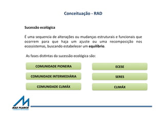 Conceituação	
  -­‐	
  RAD	
  
Sucessão	
  ecológica	
  	
  
	
  
É	
  uma	
  sequencia	
  de	
  alterações	
  ou	
  mudanças	
  estruturais	
  e	
  funcionais	
  que	
  
ocorrem	
   para	
   que	
   haja	
   um	
   ajuste	
   ou	
   uma	
   recomposição	
   nos	
  
ecossistemas,	
  buscando	
  estabelecer	
  um	
  equilíbrio.	
  	
  
As	
  fases	
  disVntas	
  da	
  sucessão	
  ecológica	
  são:	
  	
  
COMUNIDADE	
  PIONEIRA	
  
COMUNIDADE	
  INTERMEDIÁRIA	
  
COMUNIDADE	
  CLIMÁX	
  
ECESE	
  
SERES	
  
CLIMÁX	
  
 