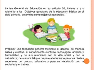 La ley General de Educación en su artículo 20, incisos a y c
referente a los Objetivos generales de la educación básica en el
ciclo primaria, determina como objetivos generales:

Propiciar una formación general mediante el acceso, de manera
crítica y creativa, al conocimiento científico, tecnológico, artístico y
humanístico y de sus relaciones con la vida social y con la
naturaleza, de manera tal que prepare al educando para los niveles
superiores del proceso educativo y para su vinculación con la
sociedad y el trabajo.

 