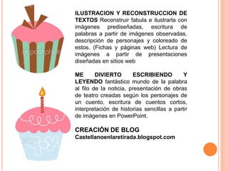 ILUSTRACION Y RECONSTRUCCION DE
TEXTOS Reconstruir fabula e ilustrarla con
imágenes prediseñadas, escritura de
palabras a partir de imágenes observadas.
descripción de personajes y coloreado de
estos. (Fichas y páginas web) Lectura de
imágenes a partir de presentaciones
diseñadas en sitios web
ME
DIVIERTO
ESCRIBIENDO
Y
LEYENDO fantástico mundo de la palabra
al filo de la noticia, presentación de obras
de teatro creadas según los personajes de
un cuento, escritura de cuentos cortos,
interpretación de historias sencillas a partir
de imágenes en PowerPoint.

CREACIÓN DE BLOG
Castellanoenlaretirada.blogspot.com

 