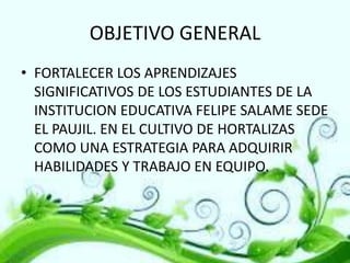 OBJETIVO GENERAL
• FORTALECER LOS APRENDIZAJES
SIGNIFICATIVOS DE LOS ESTUDIANTES DE LA
INSTITUCION EDUCATIVA FELIPE SALAME SEDE
EL PAUJIL. EN EL CULTIVO DE HORTALIZAS
COMO UNA ESTRATEGIA PARA ADQUIRIR
HABILIDADES Y TRABAJO EN EQUIPO.

 
