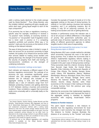 100GreeceDoing Business 2012
yield a ranking nearly identical to the simple average
used by Doing Business.
5
Thus, Doing Business uses
the simplest method: weighting all topics equally and,
within each topic, giving equal weight to each of the
topic components.
6
If an economy has no laws or regulations covering a
specific area—for example, insolvency—it receives a
―no practice‖ mark. Similarly, an economy receives a
―no practice‖ or ―not possible‖ mark if regulation exists
but is never used in practice or if a competing
regulation prohibits such practice. Either way, a ―no
practice‖ mark puts the economy at the bottom of the
ranking on the relevant indicator.
The ease of doing business index is limited in scope. It
does not account for an economy’s proximity to large
markets, the quality of its infrastructure services (other
than services related to trading across borders and
getting electricity), the strength of its financial system,
the security of property from theft and looting, its
macroeconomic conditions or the strength of
underlying institutions.
Variability of economies’ rankings across topics
Each indicator set measures a different aspect of the
business regulatory environment. The rankings of an
economy can vary, sometimes significantly, across
indicator sets. The average correlation coefficient
between the 10 indicator sets included in the
aggregate ranking is 0.36, and the coefficients
between any 2 sets of indicators range from 0.17
(between protecting investors and getting electricity)
to 0.57 (between starting a business and protecting
investors). These correlations suggest that economies
rarely score universally well or universally badly on the
indicators.
5
See Simeon Djankov, Darshini Manraj, Caralee McLiesh and Rita
Ramalho, ―Doing Business Indicators: Why Aggregate, and How to
Do It‖ (World Bank, Washington, DC, 2005). Principal components
and unobserved components methods yield a ranking nearly
identical to that from the simple average method because both
these methods assign roughly equal weights to the topics, since the
pairwise correlations among indicators do not differ much. An
alternative to the simple average method is to give different weights
to the topics, depending on which are considered of more or less
importance in the context of a specific economy.
6
A technical note on the different aggregation and weighting
methods is available on the Doing Business website
(http://www.doingbusiness.org).
Consider the example of Canada. It stands at 12 in the
aggregate ranking on the ease of doing business. Its
ranking is 3 on both starting a business and resolving
insolvency, and 5 on protecting investors. But its
ranking is only 59 on enforcing contracts, 42 on
trading across borders and 156 on getting electricity.
Variation in performance across the indicator sets is
not at all unusual. It reflects differences in the degree
of priority that government authorities give to
particular areas of business regulation reform and the
ability of different government agencies to deliver
tangible results in their area of responsibility.
Economies that improved the most across 3 or more
Doing Business topics in 2010/11
Doing Business 2012 uses a simple method to calculate
which economies improved the most in the ease of
doing business. First, it selects the economies that in
2010/11 implemented regulatory reforms making it
easier to do business in 3 or more of the 10 topics
included in this year’s ease of doing business ranking.
7
Thirty economies meet this criterion: Armenia, Burkina
Faso, Burundi, Cape Verde, the Central African
Republic, Chile, Colombia, the Democratic Republic of
Congo, Côte d'Ivoire, The Gambia, Georgia, Korea,
Latvia, Liberia, FYR Macedonia, Mexico, Moldova,
Montenegro, Morocco, Nicaragua, Oman, Peru, Russia,
São Tomé and Príncipe, Senegal, Sierra Leone,
Slovenia, the Solomon Islands, South Africa and
Ukraine. Second, Doing Business ranks these
economies on the increase in their ranking on the ease
of doing business from the previous year using
comparable rankings.
Selecting the economies that implemented regulatory
reforms in at least 3 topics and improved the most in
the aggregate ranking is intended to highlight
economies with ongoing, broad-based reform
programs.
Distance to frontier measure
This year’s report introduces a new measure to
illustrate how the regulatory environment for local
businesses in each economy has changed over time.
The distance to frontier measure illustrates the
distance of an economy to the ―frontier‖ and shows
7
Doing Business reforms making it more difficult to do business are
subtracted from the total number of those making it easier to do
business.
 