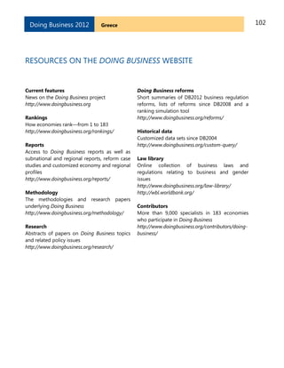 102GreeceDoing Business 2012
RESOURCES ON THE DOING BUSINESS WEBSITE
Current features
News on the Doing Business project
http://www.doingbusiness.org
Rankings
How economies rank—from 1 to 183
http://www.doingbusiness.org/rankings/
Reports
Access to Doing Business reports as well as
subnational and regional reports, reform case
studies and customized economy and regional
profiles
http://www.doingbusiness.org/reports/
Methodology
The methodologies and research papers
underlying Doing Business
http://www.doingbusiness.org/methodology/
Research
Abstracts of papers on Doing Business topics
and related policy issues
http://www.doingbusiness.org/research/
Doing Business reforms
Short summaries of DB2012 business regulation
reforms, lists of reforms since DB2008 and a
ranking simulation tool
http://www.doingbusiness.org/reforms/
Historical data
Customized data sets since DB2004
http://www.doingbusiness.org/custom-query/
Law library
Online collection of business laws and
regulations relating to business and gender
issues
http://www.doingbusiness.org/law-library/
http://wbl.worldbank.org/
Contributors
More than 9,000 specialists in 183 economies
who participate in Doing Business
http://www.doingbusiness.org/contributors/doing-
business/
 