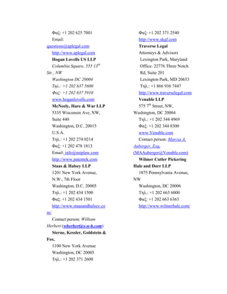 Φαξ: +1 202 625 7001
Email:
questions@aplegal.com
http://www.aplegal.com
Hogan Lovells US LLP
Columbia Square, 555 13
Str., NW
th
Washington DC 20004
Τηλ.: +1 202 637 5600
Φαξ: +1 202 637 5910
www.hoganlovells.com
McNeely, Hare & War LLP
5335 Wisconsin Ave, NW,
Suite 440
Washington, D.C. 20015
U.S.A.
Τηλ.: +1 202 274 0214
Φαξ: +1 202 478 1813
Email: info@miplaw.com
http://www.patentek.com
Staas & Halsey LLP
1201 New York Avenue,
N.W., 7th Floor
Washington, D.C. 20005
Τηλ.: +1 202 434 1500
Φαξ: +1 202 434 1501
http://www.staasandhalsey.co
m/
Contact person: William
Herbert (wherbert@s-n-h.com)
Sterne, Kessler, Goldstein &
Fox.
1100 New York Avenue
Washington, DC 20005
Τηλ.: +1 202 371 2600
Φαξ: +1 202 371 2540
http://www.skgf.com
Traverse Legal
Attorneys & Advisors
Lexington Park, Maryland
Office: 22776 Three Notch
Rd, Suite 201
Lexington Park, MD 20653
Τηλ.: +1 866 936 7447
http://www.traverselegal.com
Venable LLP
575 7th
Street, NW,
Washington, DC 20004
Τηλ.: +1 202 344 4969
Φαξ: +1 202 344 8300
www.Venable.com
Contact person: Marcia A.
Auberger, Esq.
(MAAuberger@Venable.com)
Wilmer Cutler Pickering
Hale and Dorr LLP
1875 Pennsylvania Avenue,
NW
Washington, DC 20006
Τηλ.: +1 202 663 6000
Φαξ: +1 202 663 6363
http://www.wilmerhale.com/
 
 