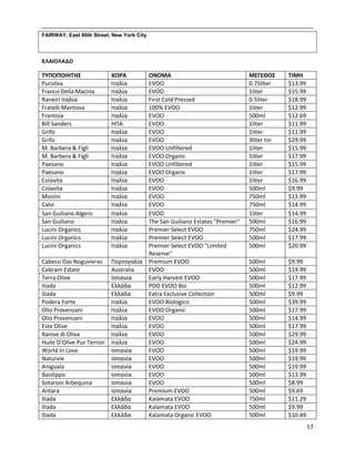 17
FAIRWAY, East 86th Street, New York City
ΕΛΑΙΟΛΑΔΟ
ΤΥΠΟΠΟΙΗΤΗΣ ΧΩΡΑ ΟΝΟΜΑ ΜΕΓΕΘΟΣ ΤΙΜΗ
Puroliva Ιταλία EVOO 0.75liter $13.99
Franco Della Macina Ιταλία EVOO 1liter $15.99
Raneiri Ιταλία Ιταλία First Cold Pressed 0.5liter $18.99
Fratelli Mantova Ιταλία 100% EVOO 1liter $12.99
Frantoia Ιταλία EVOO 500ml $12.69
Bill Sanders HΠΑ EVOO 1liter $11.99
Grifo Ιταλία EVOO 1liter $11.99
Grifo Ιταλία EVOO 3liter tin $29.99
M. Barbera & Figli Ιταλία EVOO Unfiltered 1liter $15.99
M. Barbera & Figli Ιταλία EVOO Organic 1liter $17.99
Paesano Ιταλία EVOO Unfiltered 1liter $15.99
Paesano Ιταλία EVOO Organic 1liter $17.99
Colavita Ιταλία EVOO 1liter $16.99
Colavita Ιταλία EVOO 500ml $9.99
Monini Ιταλία EVOO 750ml $11.99
Calvi Ιταλία EVOO 750ml $14.99
San Guiliano Algero Ιταλία EVOO 1liter $14.99
San Guiliano Ιταλία The San Guiliano Estates "Premier" 500ml $16.99
Lucini Organics Ιταλία Premier Select EVOO 750ml $24.99
Lucini Organics Ιταλία Premier Select EVOO 500ml $17.99
Lucini Organics Ιταλία Premier Select EVOO "Limited
Reserve"
500ml $20.99
Cabeco Das Noguvieras Πορτογαλία Premium EVOO 500ml $9.99
Cobram Estate Australia EVOO 500ml $19.99
Terra Olive Ισπανία Early Harvest EVOO 500ml $17.99
Iliada Eλλάδα PDO EVOO Bio 500ml $12.99
Iliada Eλλάδα Extra Exclusive Collection 500ml $9.99
Podera Forte Ιταλία EVOO Biologico 500ml $39.99
Olio Provenzani Ιταλία EVOO Organic 500ml $17.99
Olio Provenzani Ιταλία EVOO 500ml $14.99
Este Olive Ιταλία EVOO 500ml $17.99
Ranise di Oliva Ιταλία EVOO 500ml $29.99
Huile D'Olive Pur Terroir Ιταλία EVOO 500ml $24.99
World In Love Ισπανία EVOO 500ml $19.99
Naturvie Ισπανία EVOO 500ml $19.99
Aniguala Ισπανία EVOO 500ml $19.99
Basilippo Ισπανία EVOO 500ml $13.99
Sotaroni Arbequina Ισπανία EVOO 500ml $8.99
Antara Ισπανία Premium EVOO 500ml $9.69
Iliada Eλλάδα Kalamata EVOO 750ml $11.29
Iliada Eλλάδα Kalamata EVOO 500ml $9.99
Iliada Eλλάδα Kalamata Organic EVOO 500ml $10.49
 
