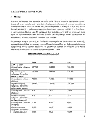 3
Α. ΧΑΡΑΚΤΗΡΙΣΤΙΚΑ ΕΓΧΩΡΙΑΣ ΑΓΟΡΑΣ
 Μέγεθος
Η αγορά ελαιολάδου των ΗΠΑ έχει εξελιχθεί στην τρίτη μεγαλύτερη παγκοσμίως, καθώς
έπεται μόνο των παραδοσιακών αγορών της Ιταλίας και της Ισπανίας. Η εγχώρια κατανάλωση
αυξήθηκε συνολικά κατά 50% από το 2000, φθάνοντας τα 998 εκ. δολάρια σε αξία στην αγορά
λιανικής και τα 670 εκ. δολάρια στην εστίαση/βιομηχανία τροφίμων το 2012. Σε ετήσια βάση,
η κατανάλωση αυξάνεται κατά 5% κατά μέσο όρο, πυροδοτούμενη από την γενικότερη τάση
προς πιο υγιεινά καταναλωτικά πρότυπα, η οποία κατά κύριο λόγο βρίσκει ανταπόκριση σε
καταναλωτές μεσαίας και υψηλής εισοδηματικής κλίμακας.
Σύμφωνα με στοιχεία του 2009, το ελαιόλαδο αντιστοιχούσε σε μόλις 8% επί της συνολικής
καταναλώσεως ελαίων, ανερχόμενο στην 4η θέση επί του συνόλου των βρώσιμων ελαίων στην
αμερικανική αγορά, έχοντας σημειώσει τη μεγαλύτερη αύξηση εν συγκρίσει με τα λοιπά
έλαια, ενώ η κατά κεφαλήν κατανάλωση προσέγγισε το 1 λίτρο.
ΣΥΝΟΛΙΚΗ ΚΑΤΑΝΑΛΩΣΗ ΕΛΑΙΟΛΑΔΟΥ
2004 2008 2009
ΑΞΙΑ ($ .000)
Καταστήματα Λιανικής
Πώλησης
587.900 954.700 984.643
Παρασκευασμένα
τρόφιμα & Εστιατόρια
586.903 824.758 670.705
ΟΓΚΟΣ (.000 lt)
Καταστήματα Λιανικής
Πώλησης
78.600 91.900 98.333
Παρασκευασμένα
τρόφιμα & Εστιατόρια
173.640 187.782 191.630
Μέση Τιμή / Λίτρο ($)
Καταστήματα Λιανικής
Πώλησης
7,48 10,39 10,01
Παρασκευασμένα
τρόφιμα & Εστιατόρια
3,38 4,39 3,50
κκ Κατανάλωση (lt)
Καταστήματα Λιανικής
Πώλησης
0,268 0,302 0,320
Παρασκευασμένα
τρόφιμα & Εστιατόρια
0,593 0,618 0,624
Επιμέρους Σύνολο 0,861 0,920 0,944
 