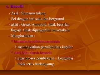 c. Basofil
 - Asal : Sumsum tulang
 - Sel dengan inti satu dan bergranul
 - aktif : Gerak Amuboid, tidak bersifat
   fagosit, tidak dipengaruhi leukotaksin
 - Menghasilkan :
   * histamin,bradikinin,serotonin
     > meningkatkan permiabilitas kapiler
   * Anti beku darah heparin
     > agar proses pembekuan – koagulasi
        tidak terus berlangsung
 