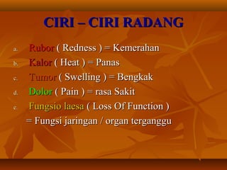 CIRI – CIRI RADANG
a.   Rubor ( Redness ) = Kemerahan
b.   Kalor ( Heat ) = Panas
c.   Tumor ( Swelling ) = Bengkak
d.   Dolor ( Pain ) = rasa Sakit
e.   Fungsio laesa ( Loss Of Function )
     = Fungsi jaringan / organ terganggu
 