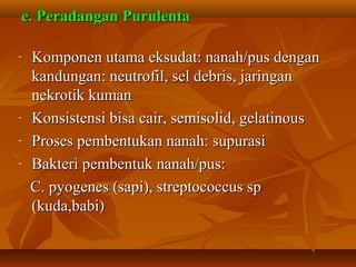 e. Peradangan Purulenta

-   Komponen utama eksudat: nanah/pus dengan
    kandungan: neutrofil, sel debris, jaringan
    nekrotik kuman
-   Konsistensi bisa cair, semisolid, gelatinous
-   Proses pembentukan nanah: supurasi
-   Bakteri pembentuk nanah/pus:
    C. pyogenes (sapi), streptococcus sp
    (kuda,babi)
 