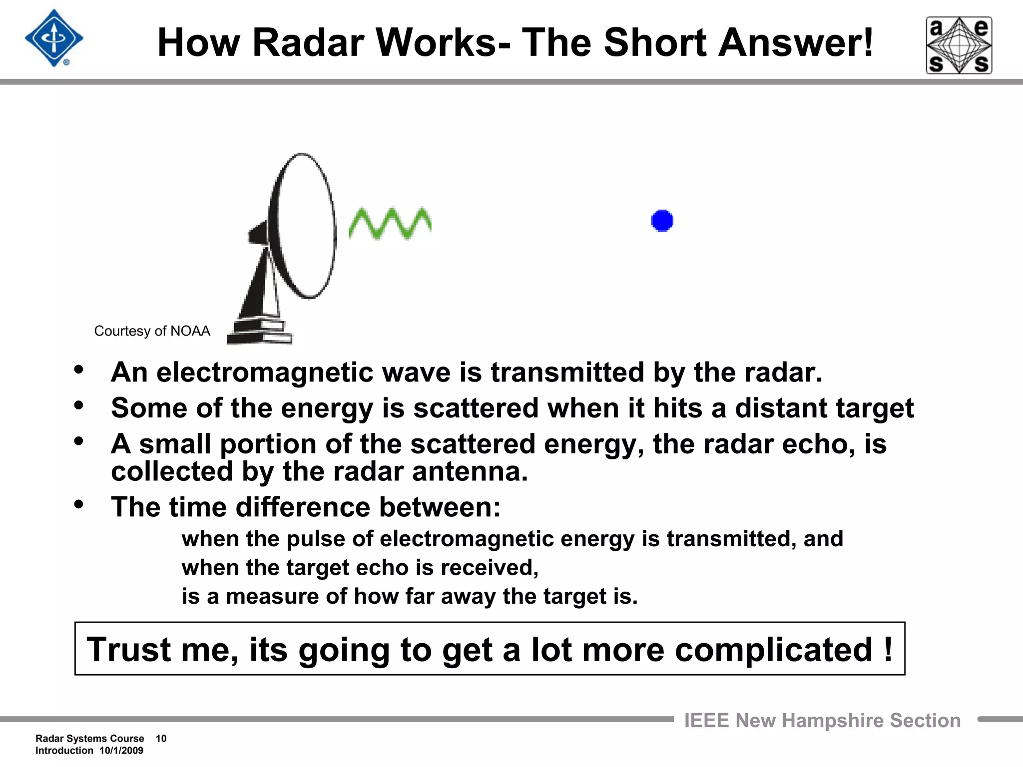Radar Systems Course 10
Introduction 10/1/2009
IEEE New Hampshire Section
How Radar Works- The Short Answer!
• An electromagnetic wave is transmitted by the radar.
• Some of the energy is scattered when it hits a distant target
• A small portion of the scattered energy, the radar echo, is
collected by the radar antenna.
• The time difference between:
when the pulse of electromagnetic energy is transmitted, and
when the target echo is received,
is a measure of how far away the target is.
Trust me, its going to get a lot more complicated !
Courtesy of NOAA
 