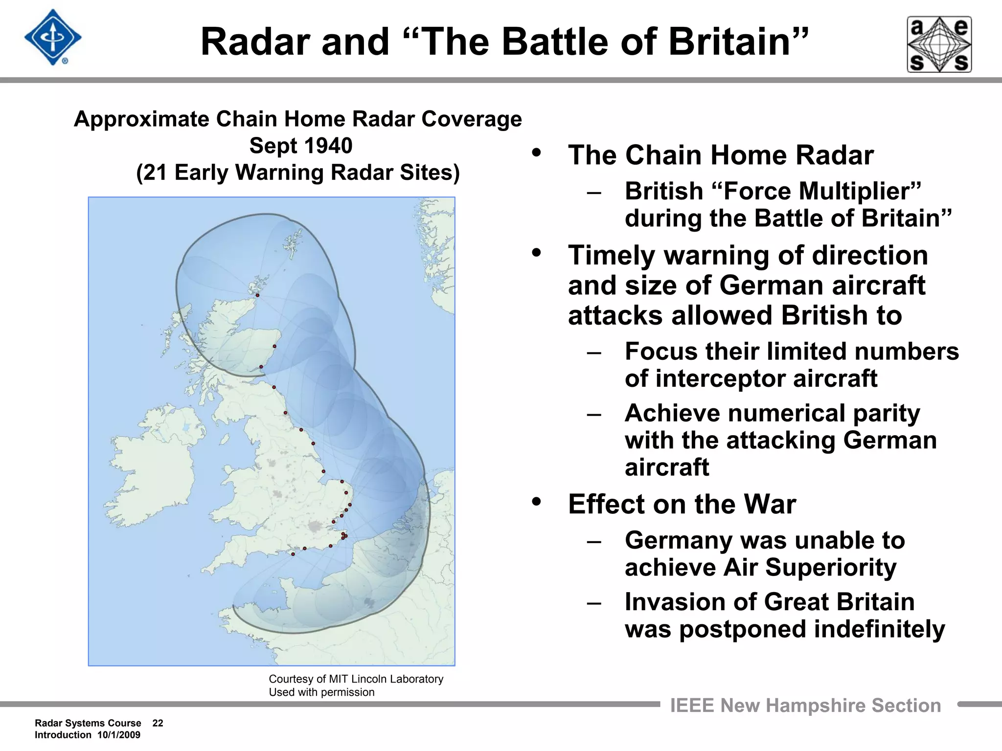 Radar Systems Course 22
Introduction 10/1/2009
IEEE New Hampshire Section
Radar and “The Battle of Britain”
• The Chain Home Radar
– British “Force Multiplier”
during the Battle of Britain”
• Timely warning of direction
and size of German aircraft
attacks allowed British to
– Focus their limited numbers
of interceptor aircraft
– Achieve numerical parity
with the attacking German
aircraft
• Effect on the War
– Germany was unable to
achieve Air Superiority
– Invasion of Great Britain
was postponed indefinitely
Approximate Chain Home Radar Coverage
Sept 1940
(21 Early Warning Radar Sites)
Courtesy of MIT Lincoln Laboratory
Used with permission
 