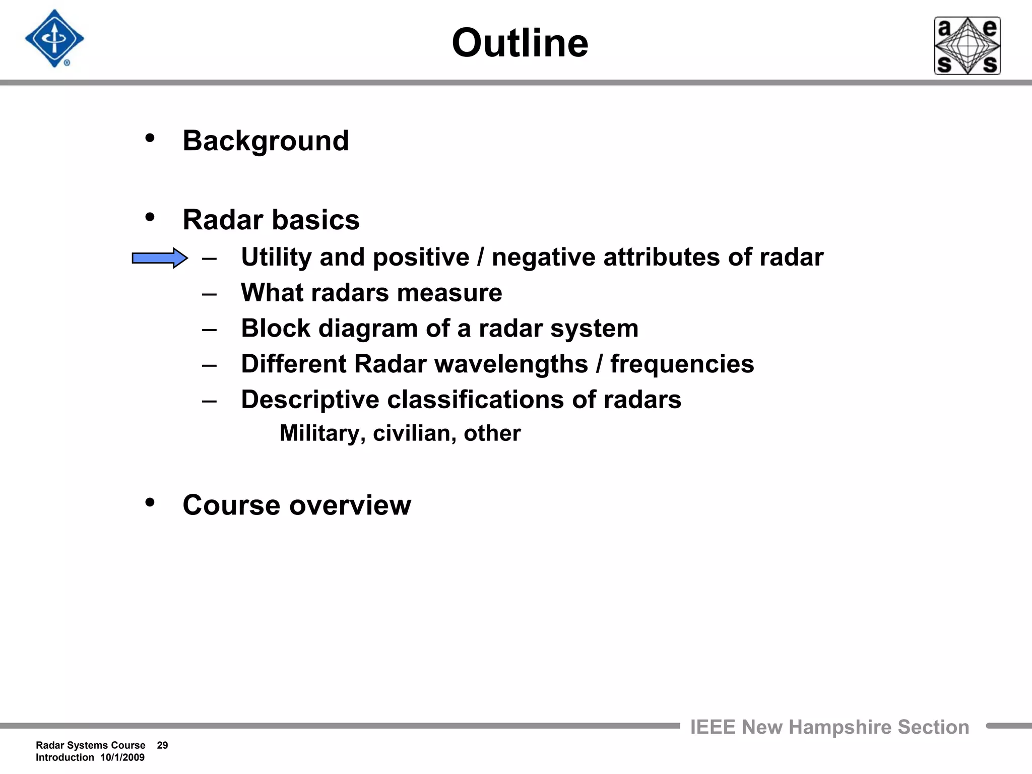 Radar Systems Course 29
Introduction 10/1/2009
IEEE New Hampshire Section
Outline
• Background
• Radar basics
– Utility and positive / negative attributes of radar
– What radars measure
– Block diagram of a radar system
– Different Radar wavelengths / frequencies
– Descriptive classifications of radars
Military, civilian, other
• Course overview
 