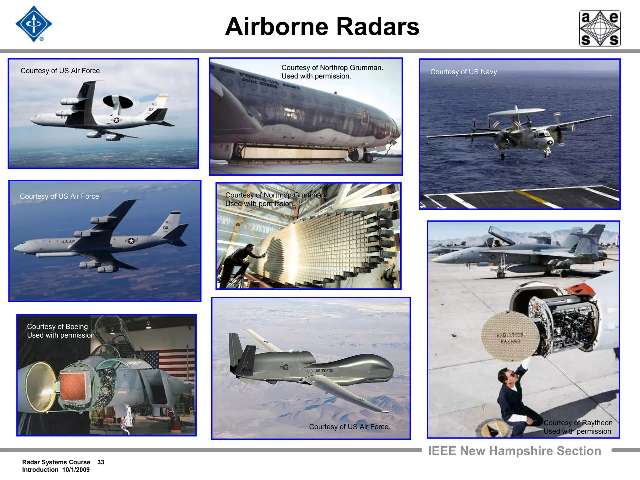 Radar Systems Course 33
Introduction 10/1/2009
IEEE New Hampshire Section
Airborne Radars
Courtesy of Northrop Grumman.Courtesy of Northrop Grumman.
Used with permissionUsed with permission..
Courtesy of US Air Force.
Courtesy of US Air Force. Courtesy of US Navy.
Courtesy of Raytheon
Used with permission
Courtesy of US Air Force.
Courtesy of Boeing
Used with permission
Courtesy of Northrop Grumman.Courtesy of Northrop Grumman.
Used with permission.Used with permission.
 