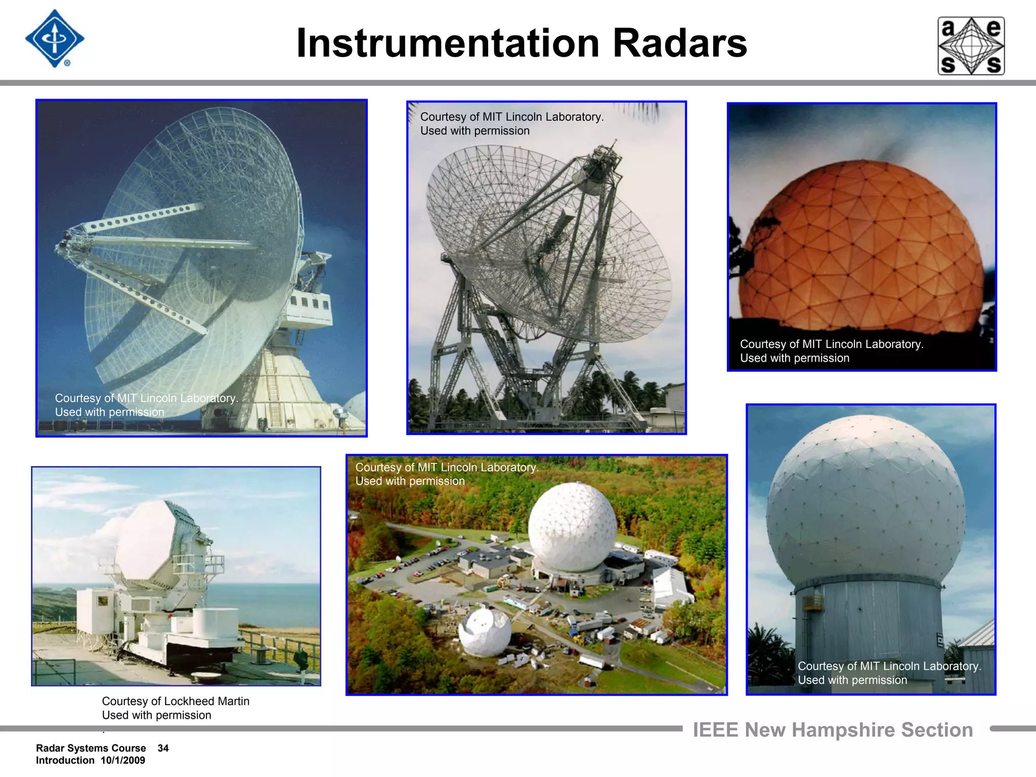 Radar Systems Course 34
Introduction 10/1/2009
IEEE New Hampshire Section
Instrumentation Radars
Courtesy of MIT Lincoln Laboratory.
Used with permission
Courtesy of Lockheed Martin
Used with permission
.
Courtesy of MIT Lincoln Laboratory.
Used with permission
Courtesy of MIT Lincoln Laboratory.
Used with permission
Courtesy of MIT Lincoln Laboratory.
Used with permission
Courtesy of MIT Lincoln Laboratory.
Used with permission
 