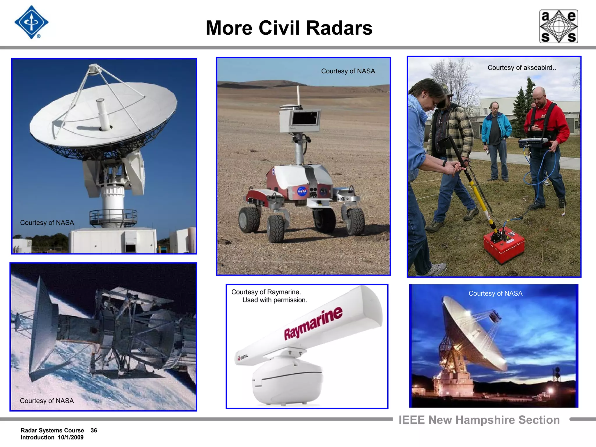 Radar Systems Course 36
Introduction 10/1/2009
IEEE New Hampshire Section
More Civil Radars
Courtesy of NASA
Courtesy of NASA
Courtesy of NASA
Courtesy of NASACourtesy ofCourtesy of RaymarineRaymarine..
Used with permission.Used with permission.
Courtesy ofCourtesy of akseabirdakseabird....
More Civil Radars
 