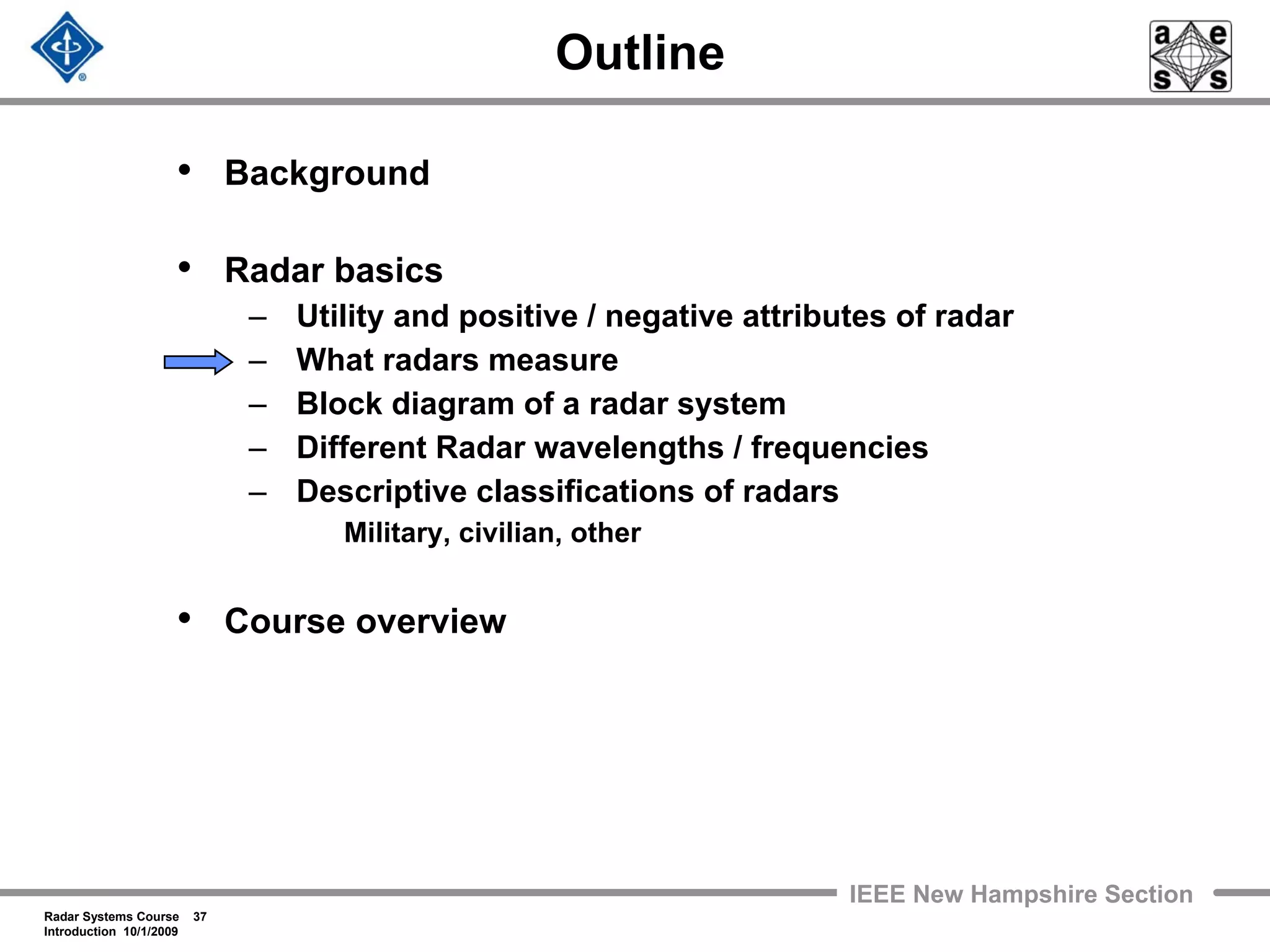 Radar Systems Course 37
Introduction 10/1/2009
IEEE New Hampshire Section
Outline
• Background
• Radar basics
– Utility and positive / negative attributes of radar
– What radars measure
– Block diagram of a radar system
– Different Radar wavelengths / frequencies
– Descriptive classifications of radars
Military, civilian, other
• Course overview
 