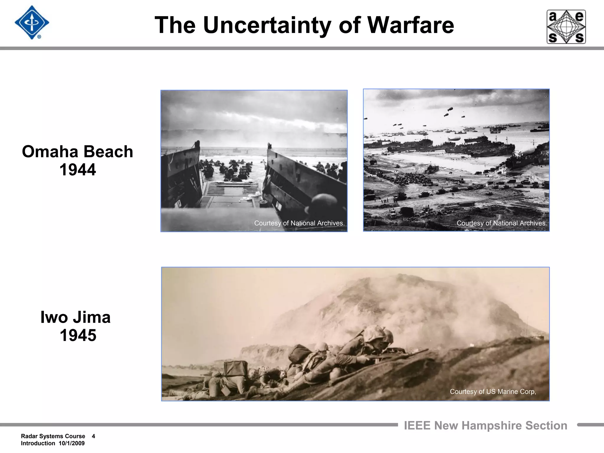 Radar Systems Course 4
Introduction 10/1/2009
IEEE New Hampshire Section
The Uncertainty of Warfare
Omaha Beach
1944
Courtesy of National Archives.
Iwo Jima
1945
Courtesy of US Marine Corp,
Courtesy of National Archives.
 
