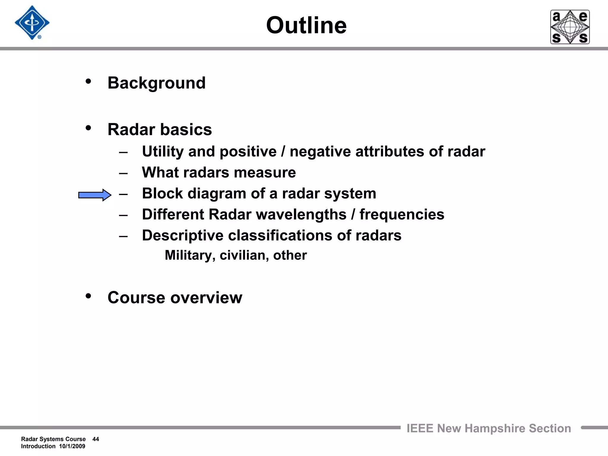 Radar Systems Course 44
Introduction 10/1/2009
IEEE New Hampshire Section
Outline
• Background
• Radar basics
– Utility and positive / negative attributes of radar
– What radars measure
– Block diagram of a radar system
– Different Radar wavelengths / frequencies
– Descriptive classifications of radars
Military, civilian, other
• Course overview
 