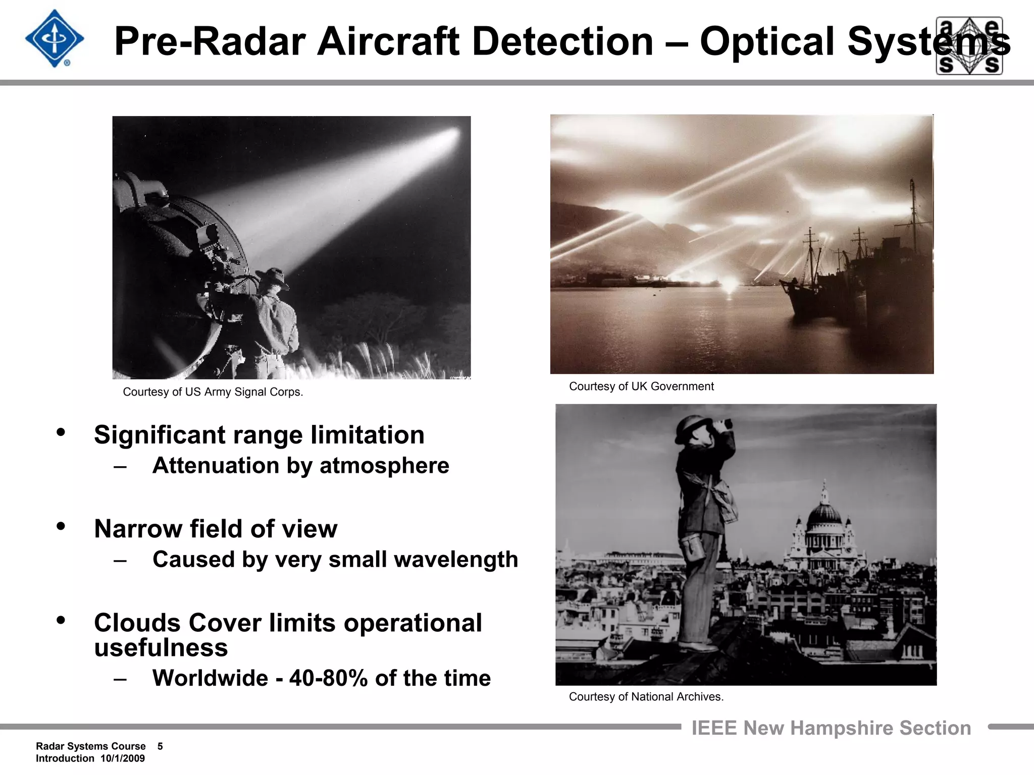 Radar Systems Course 5
Introduction 10/1/2009
IEEE New Hampshire Section
Pre-Radar Aircraft Detection – Optical Systems
• Significant range limitation
– Attenuation by atmosphere
• Narrow field of view
– Caused by very small wavelength
• Clouds Cover limits operational
usefulness
– Worldwide - 40-80% of the time
Courtesy of National Archives.
Courtesy of US Army Signal Corps. Courtesy of UK Government
 