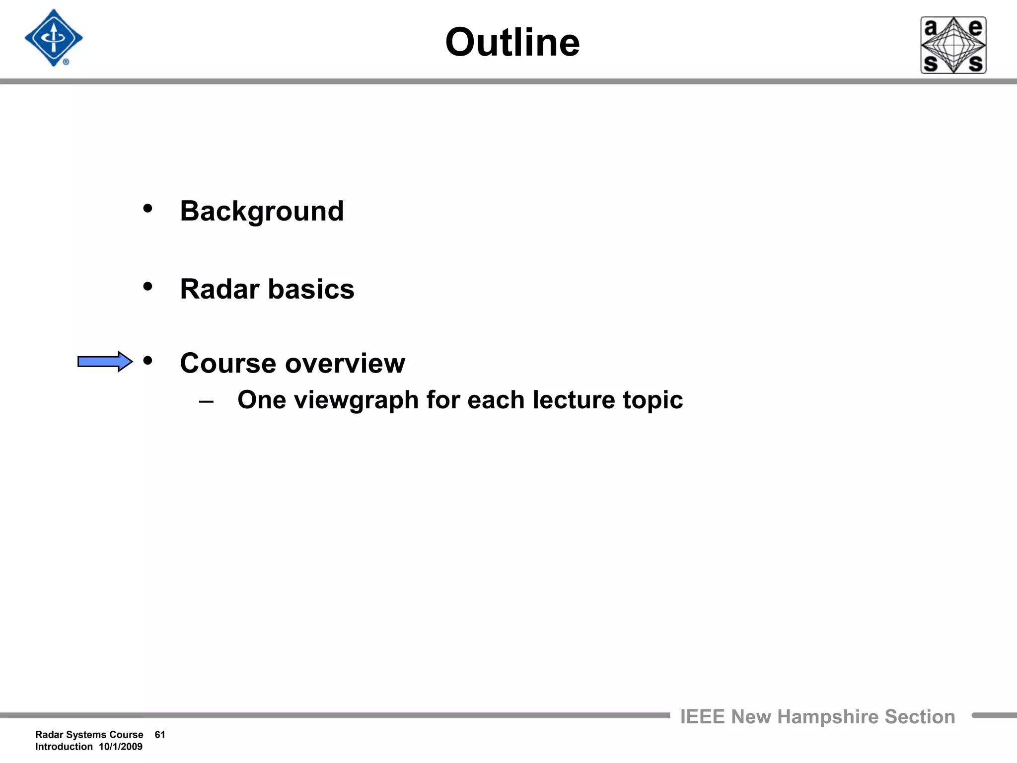 Radar Systems Course 61
Introduction 10/1/2009
IEEE New Hampshire Section
Outline
• Background
• Radar basics
• Course overview
– One viewgraph for each lecture topic
 
