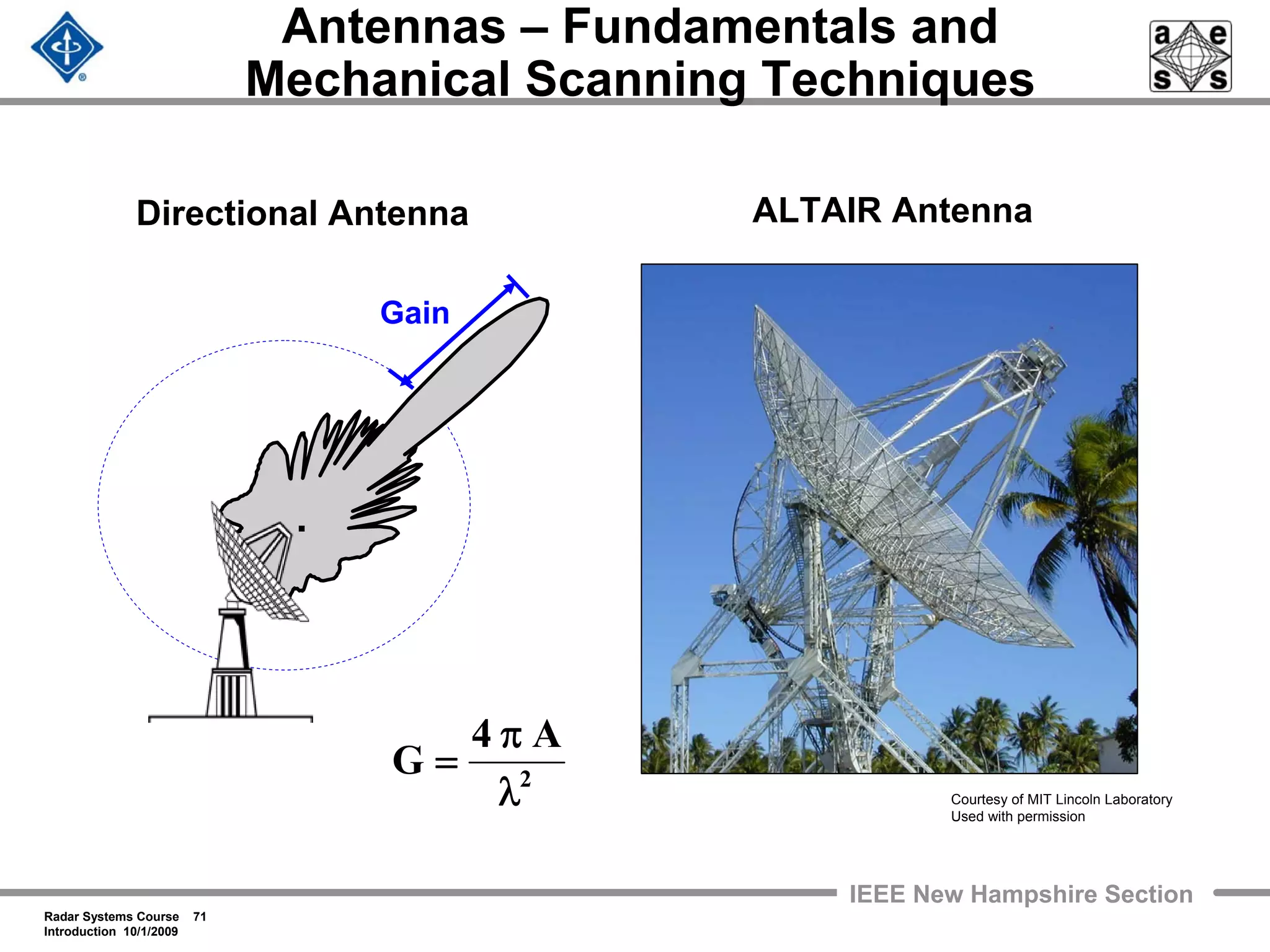 Radar Systems Course 71
Introduction 10/1/2009
IEEE New Hampshire Section
Antennas – Fundamentals and
Mechanical Scanning Techniques
Gain
.
Directional Antenna ALTAIR Antenna
Courtesy of MIT Lincoln Laboratory
Used with permission
2
A4
G
λ
π
=
 
