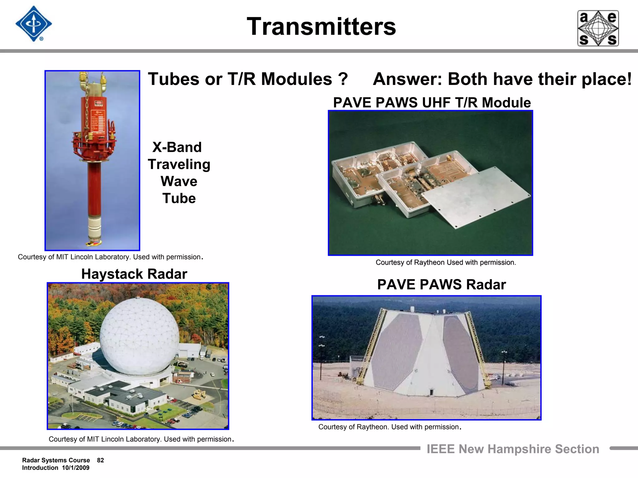 Radar Systems Course 82
Introduction 10/1/2009
IEEE New Hampshire Section
Transmitters
Tubes or T/R Modules ? Answer: Both have their place!
X-Band
Traveling
Wave
Tube
Courtesy of Raytheon Used with permission.Courtesy of Raytheon Used with permission.
Haystack Radar
PAVE PAWS Radar
PAVE PAWS UHF T/R Module
Courtesy of Raytheon. Used with permission.
Courtesy of MIT Lincoln Laboratory. Used with permission.
Courtesy of MIT Lincoln Laboratory. Used with permission.
 