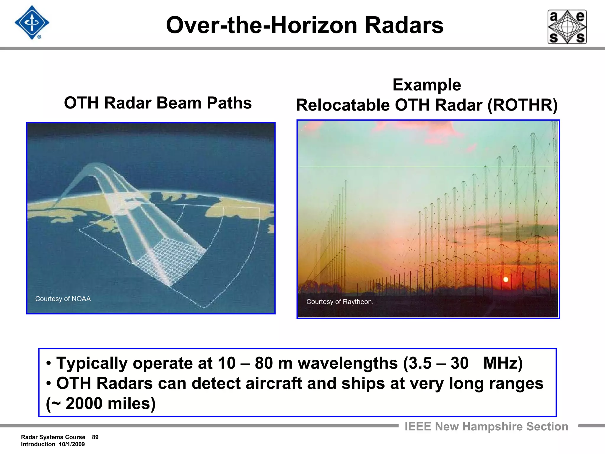 Radar Systems Course 89
Introduction 10/1/2009
IEEE New Hampshire Section
Over-the-Horizon Radars
OTH Radar Beam Paths
• Typically operate at 10 – 80 m wavelengths (3.5 – 30 MHz)
• OTH Radars can detect aircraft and ships at very long ranges
(~ 2000 miles)
Example
Relocatable OTH Radar (ROTHR)
Courtesy of Raytheon.Courtesy of NOAA
 
