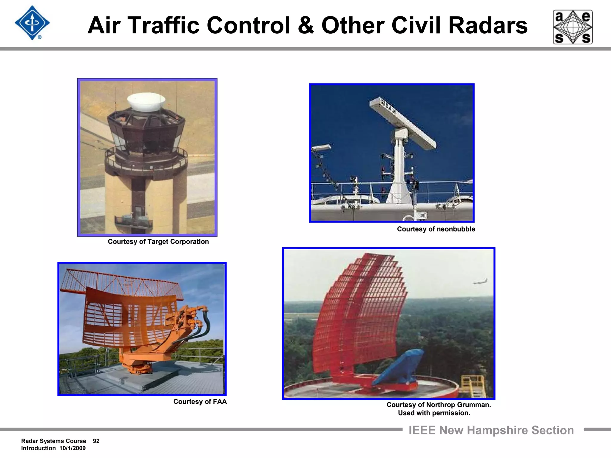 Radar Systems Course 92
Introduction 10/1/2009
IEEE New Hampshire Section
Air Traffic Control & Other Civil Radars
Courtesy of Northrop Grumman.Courtesy of Northrop Grumman.
Used with permission.Used with permission.
Courtesy of FAACourtesy of FAA
Courtesy of Target CorporationCourtesy of Target Corporation
Courtesy ofCourtesy of neonbubbleneonbubble
 