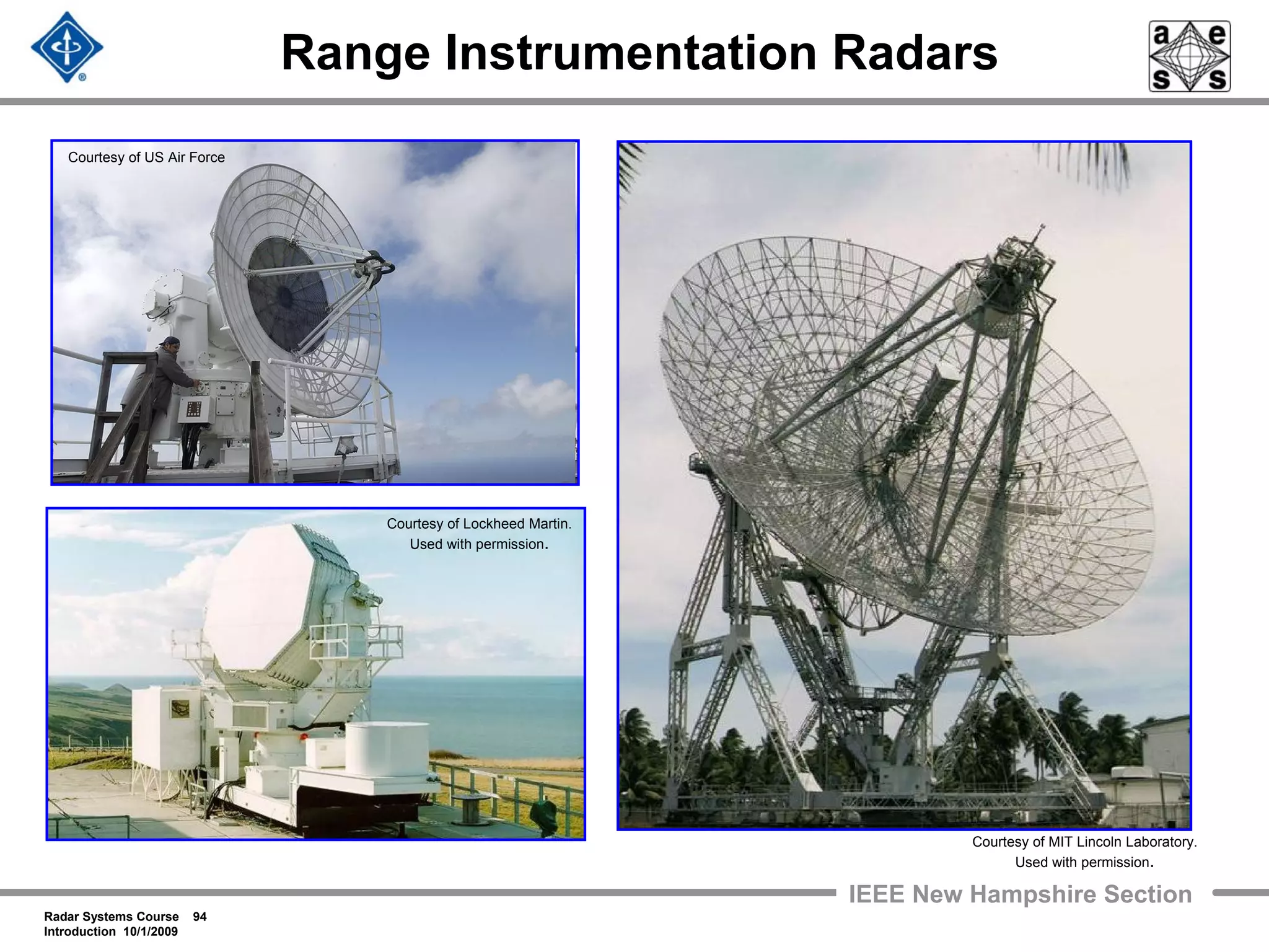 Radar Systems Course 94
Introduction 10/1/2009
IEEE New Hampshire Section
Range Instrumentation Radars
Courtesy of Lockheed Martin.
Used with permission.
Courtesy of US Air Force
Courtesy of MIT Lincoln Laboratory.
Used with permission.
 