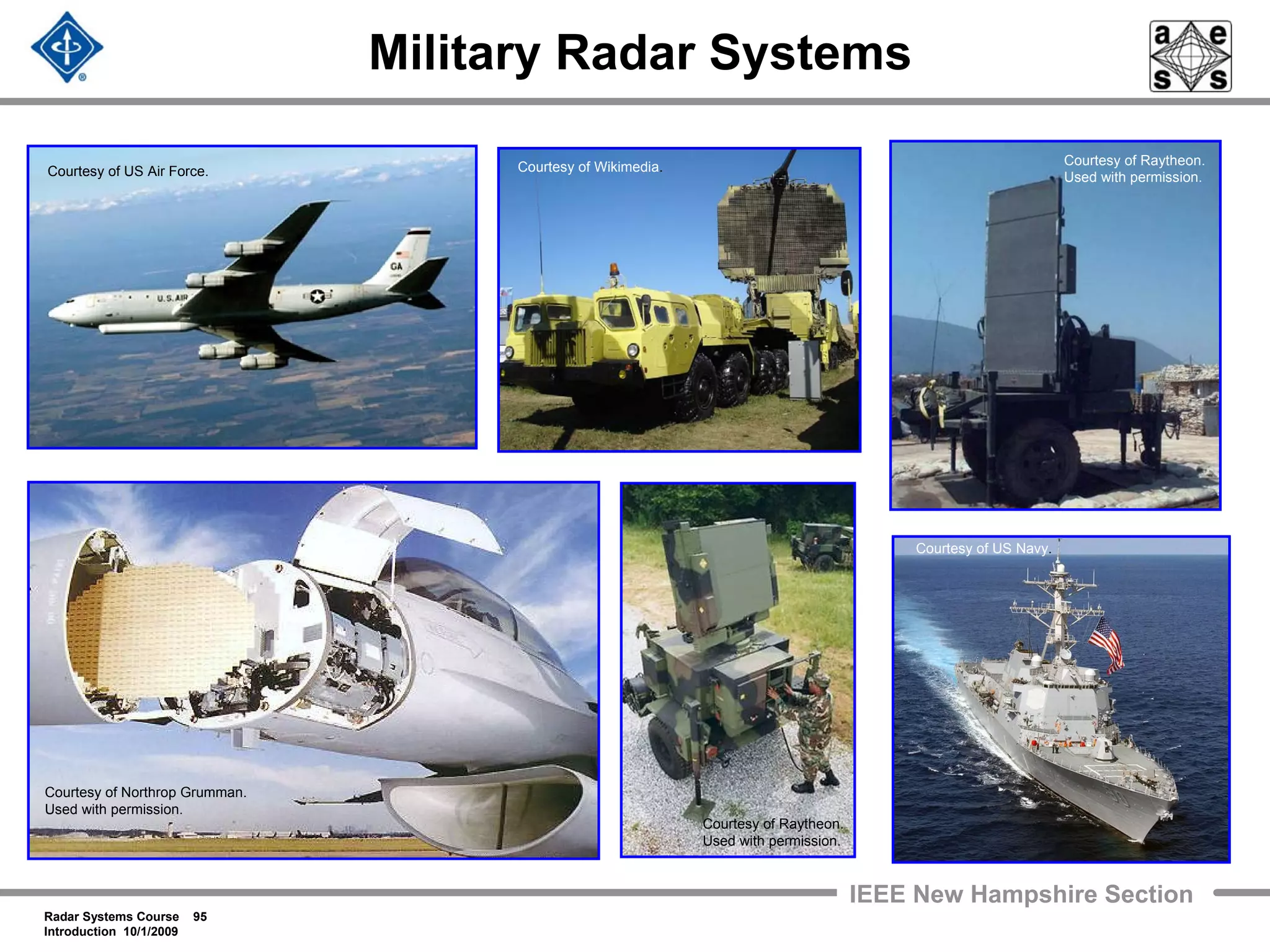 Radar Systems Course 95
Introduction 10/1/2009
IEEE New Hampshire Section
Military Radar Systems
Courtesy of Raytheon.
Used with permission.
Courtesy of Raytheon.
Used with permission.
Courtesy of US Air Force.
Courtesy of Northrop Grumman.
Used with permission.
Courtesy of US Navy.
Courtesy of Wikimedia.
 