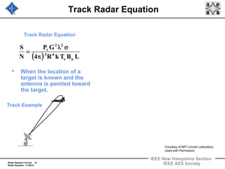 Radar Systems Course 14
Radar Equation 1/1/2010
IEEE New Hampshire Section
IEEE AES Society
Track Radar Equation
Track Radar Equation
• When the location of a
target is known and the
antenna is pointed toward
the target.
Track Example
( ) LBTkR4
GP
N
S
ns
43
22
t
π
σλ
=
Courtesy of MIT Lincoln Laboratory
Used with Permission
 