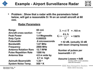 Radar Systems Course 36
Radar Equation 1/1/2010
IEEE New Hampshire Section
IEEE AES Society
Example - Airport Surveillance Radar
• Problem : Show that a radar with the parameters listed
below, will get a reasonable S / N on an small aircraft at 60
nmi.
Radar Parameters
Range 60 nmi
Aircraft cross section 1 m2
Peak Power 1.4 Megawatts
Duty Cycle 0.000525
Pulsewidth .6 microseconds
Bandwidth 1.67 MHz
Frequency 2800 MHz
Antenna Rotation Rare 12.7 RPM
Pulse Repetition Rate 1200 Hz
Antenna Size 4.9 m wide by
2.7 m high
Azimuth Beamwidth 1.35 o
System Noise Temp. 950 o K
= .103 m
= 15670
= 42 dB, (actually 33 dB
with beam shaping losses)
Number of pulses per
beamwidth = 21
Assume Losses = 8dB
2
A4
G
λ
π
=
f/c=λ
Courtesy of MIT Lincoln Laboratory
Used with Permission
 