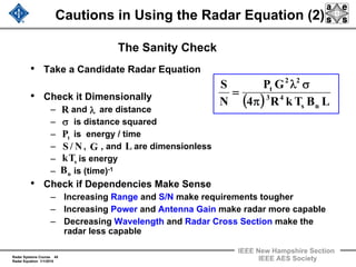 Radar Systems Course 45
Radar Equation 1/1/2010
IEEE New Hampshire Section
IEEE AES Society
Cautions in Using the Radar Equation (2)
• Take a Candidate Radar Equation
• Check it Dimensionally
– and are distance
– is distance squared
– is energy / time
– , , and are dimensionless
– is energy
– is (time)-1
• Check if Dependencies Make Sense
– Increasing Range and S/N make requirements tougher
– Increasing Power and Antenna Gain make radar more capable
– Decreasing Wavelength and Radar Cross Section make the
radar less capable
The Sanity Check
( ) LBTkR4
GP
N
S
ns
43
22
t
π
σλ
=
R
tP
σ
sTk
λ
L
nB
GN/S
 