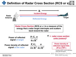 Radar Systems Course 7
Radar Equation 1/1/2010
IEEE New Hampshire Section
IEEE AES Society
Definition of Radar Cross Section (RCS or s)
Radar Cross Section (RCS or σ ) is a measure of the
energy that a radar target intercepts and scatters
back toward the radar
Power of reflected
signal at target
= radar cross section
units (meters)2
Power density of reflected
signal at the radar
Power density of
reflected signal falls
off as (1/R2 )
Target
Radar
Antenna
Reflected Energy
Incident Energy
22
tt
R4R4
GP
π
σ
π
2
tt
R4
GP
π
σ σ
R
Courtesy of MIT Lincoln Laboratory
Used with Permission
 