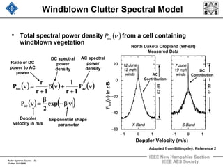 Radar Systems Course 32
Clutter 11/1/2009
IEEE New Hampshire Section
IEEE AES Society
Windblown Clutter Spectral Model
( )νtotP
Exponential shape
parameter
( ) ( ) ( )
( ) ( )νβ−
β
=ν
ν
+
+νδ
+
=ν
exp
2
P
P
1r
1
1r
r
P
ac
actot
AC spectral
power
density
Ratio of DC
power to AC
power
Doppler
velocity in m/s
DC spectral
power
density
• Total spectral power density from a cell containing
windblown vegetation
Doppler Velocity (m/s)
North Dakota Cropland (Wheat)
Measured Data
Ptot(ν)indB
DC
ContributionAC
Contribution
Adapted from Billingsley, Reference 2
 