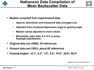Radar Systems Course 42
Clutter 11/1/2009
IEEE New Hampshire Section
IEEE AES Society
Nathanson Data Compilation of
Mean Backscatter Data
• Models compiled from experimental data
– Upwind, downwind, and crosswind data averaged over
– Adjusted from incidence/depression angle to grazing angle
– Median values adjusted to mean values
– Monostatic radar data; 0.5–5.9 μs pulse;
Rayleigh distributions
• Original data set (1968), 25 references
• Present data set (1991), about 60 references
• Grazing angles: –0.1°, 0.3°, 1.0°, 3.0°, 10.0°, 30.0°, 60.0°
Adapted from Nathanson, Reference 3
 