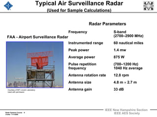 Radar Systems Course 9
Clutter 11/1/2009
IEEE New Hampshire Section
IEEE AES Society
Typical Air Surveillance Radar
(Used for Sample Calculations)
Frequency S-band
(2700–2900 MHz)
Instrumented range 60 nautical miles
Peak power 1.4 mw
Average power 875 W
Pulse repetition (700–1200 Hz)
frequency 1040 Hz average
Antenna rotation rate 12.8 rpm
Antenna size 4.8 m × 2.7 m
Antenna gain 33 dB
Radar Parameters
FAA - Airport Surveillance Radar
Courtesy of MIT Lincoln Laboratory
Used with permission
 