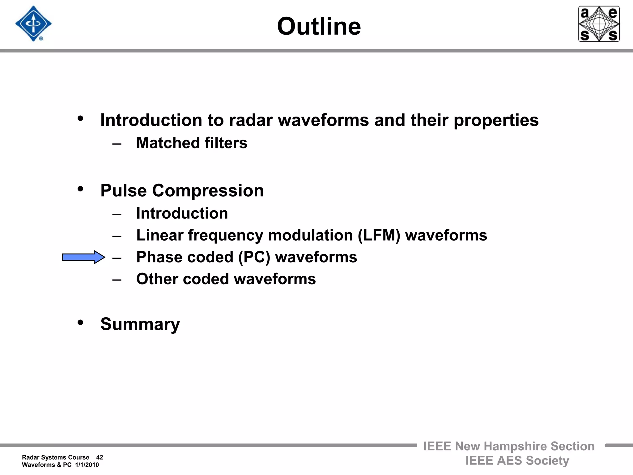 Radar Systems Course 42
Waveforms & PC 1/1/2010
IEEE New Hampshire Section
IEEE AES Society
Outline
• Introduction to radar waveforms and their properties
– Matched filters
• Pulse Compression
– Introduction
– Linear frequency modulation (LFM) waveforms
– Phase coded (PC) waveforms
– Other coded waveforms
• Summary
 